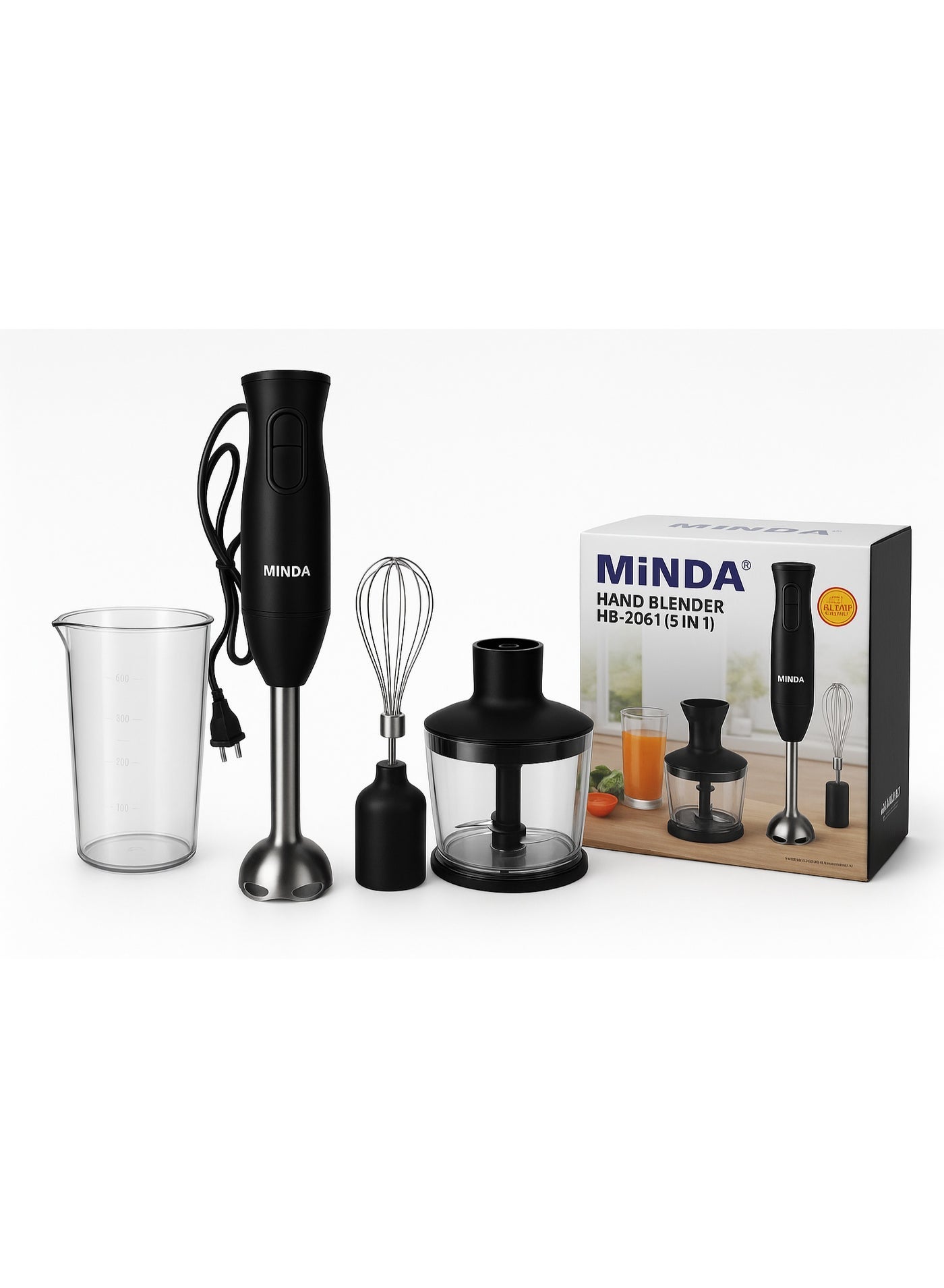 MiNDA 4-in-1 Hand Blender HB-2051S – Powerful Juice Maker with Stainless Steel Stick Blender, Whisk & Chopper | Ideal for Juices, Smoothies, Baby Food & Daily Kitchen Use