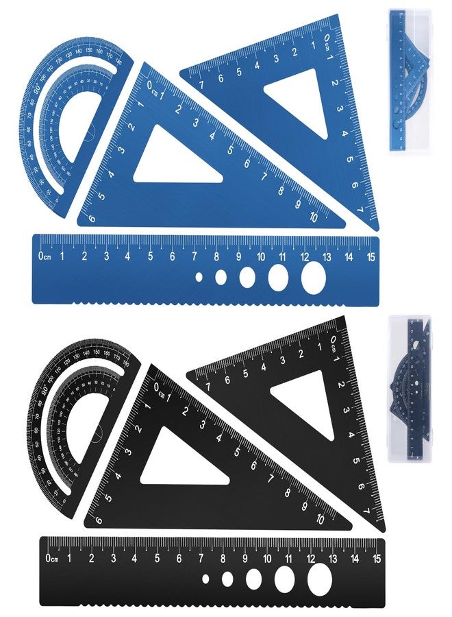 Honagu Triangular Ruler Set, 8 Pieces/2 Sets Aluminum Alloy Ruler, Metal Drafting Ruler, Geometric Protractor for Students, Draftsmen, Engineers, School Office Supplies (Blue+Black) - Image 1