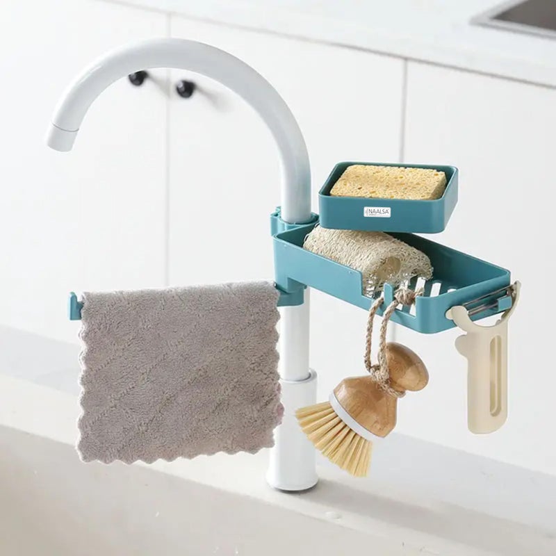 NAALSA Guard Sink Organizer 2 Section with 1 Kitchen Towel Holder Kitchen Sink Faucet Sponge Holder Caddy Organizer Over, ABS Plastic Heavy Duty Rack for scrubbers, soap, Bathroom - Image 1