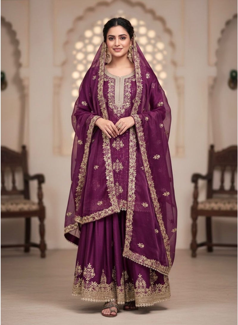 ANAITA Purple Silk Readymade Suit with Embroidery & Diamond Work - Image 1