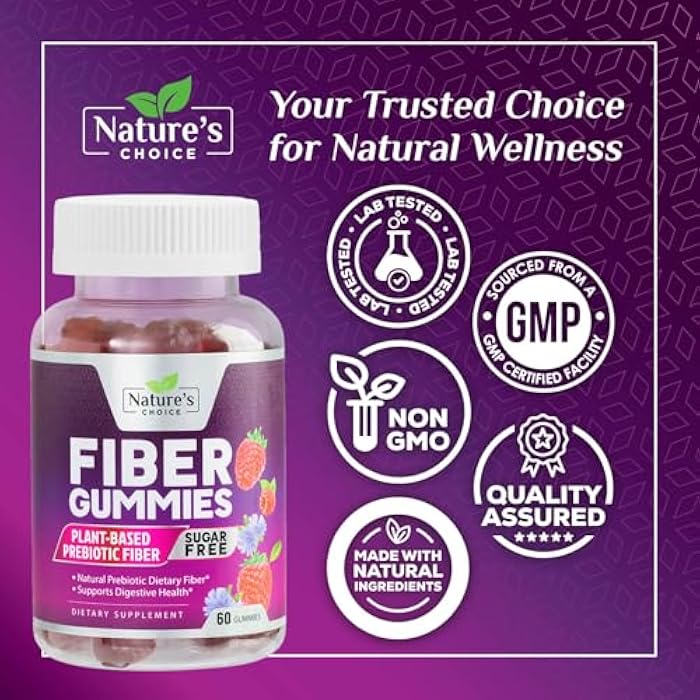 Nature's Choice Fiber Gummies 4g - Sugar Free Fiber Gummy Supplement for Adults, Daily Prebiotic Gummy Digestive Health Support - Plant Based Soluble Chews, Prebiotics Supports Regularity & Digestion - 60 Gummies - Image 4