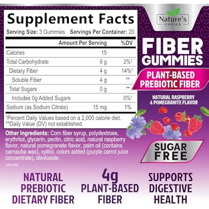 Nature's Choice Fiber Gummies 4g - Sugar Free Fiber Gummy Supplement for Adults, Daily Prebiotic Gummy Digestive Health Support - Plant Based Soluble Chews, Prebiotics Supports Regularity & Digestion - 60 Gummies - Image 2