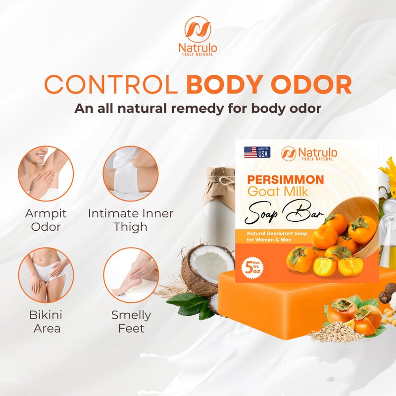 Natrulo Persimmon Soap Bar for Body Odor Control â€“ Purifying Deodorizing Body Wash with Goat Milk for Eliminating Body Odor â€“ Great for Skin Brightening, Natural Deodorant Soap for Men & Women - Image 2