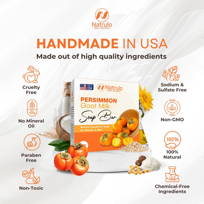 Natrulo Persimmon Soap Bar for Body Odor Control â€“ Purifying Deodorizing Body Wash with Goat Milk for Eliminating Body Odor â€“ Great for Skin Brightening, Natural Deodorant Soap for Men & Women - Image 4