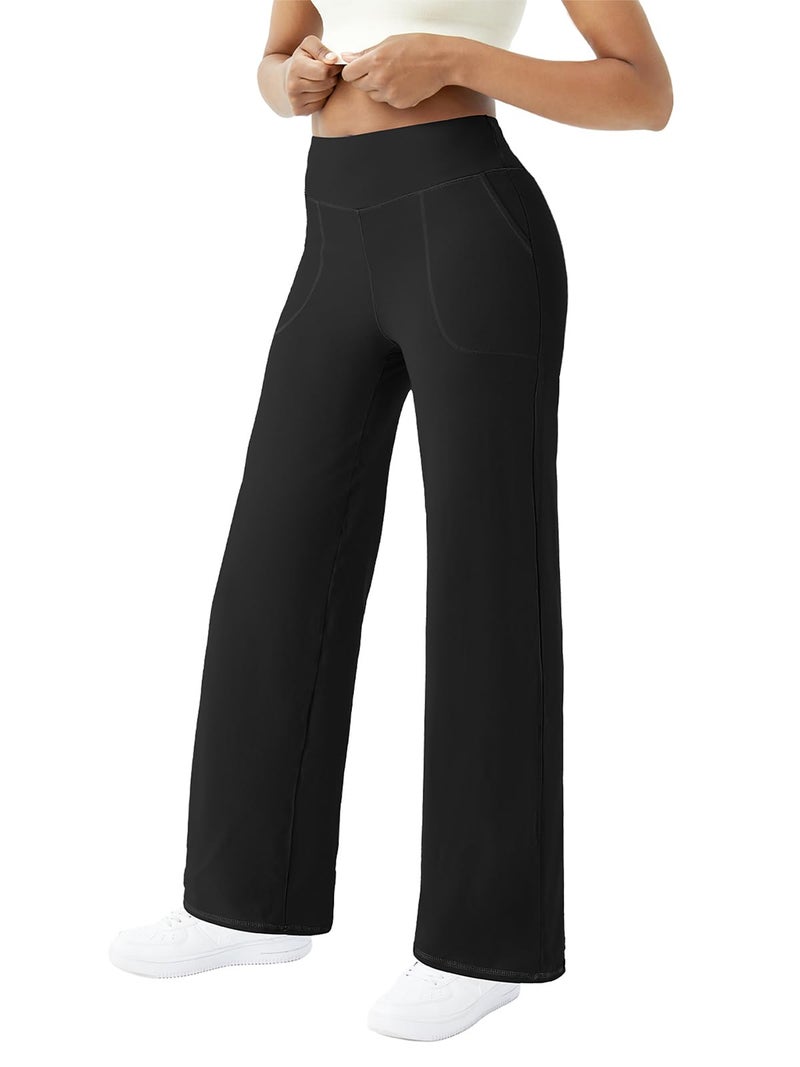 FireSwan Wide Leg Yoga Pants Women Stretch Dress Lounge Pants with Pockets High Waisted Loose Casual Trousers Black - Image 1