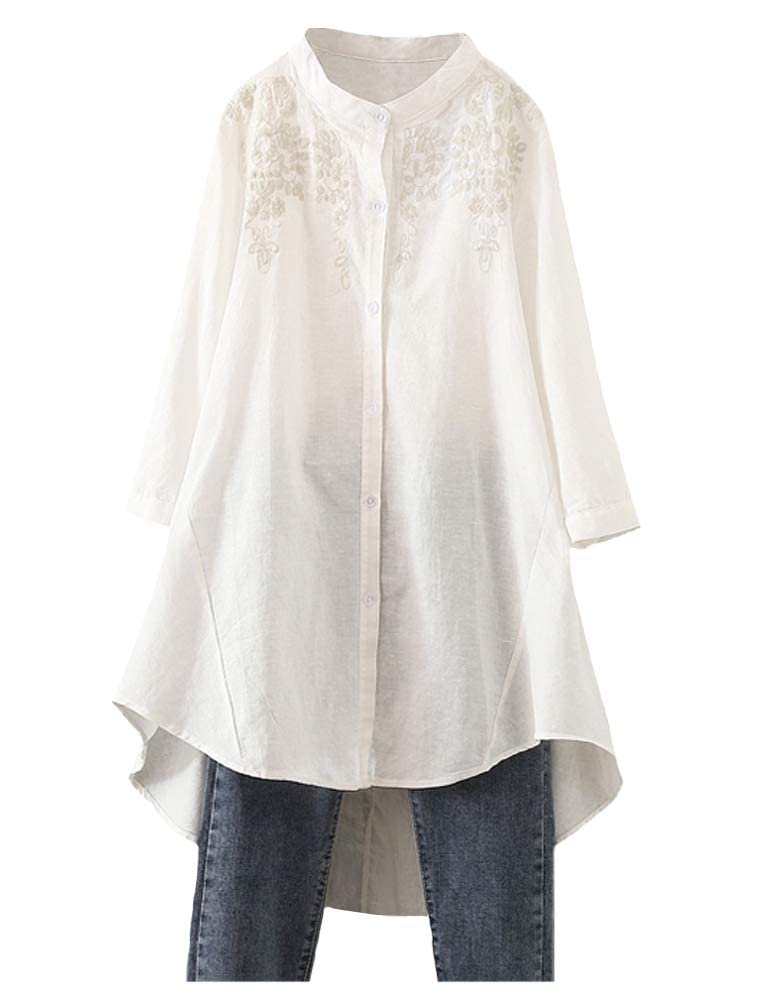 Minibee Womens Cotton Linen Shirt High Low Button Down Embroidered Blouse Long Sleeve Tunic Tops