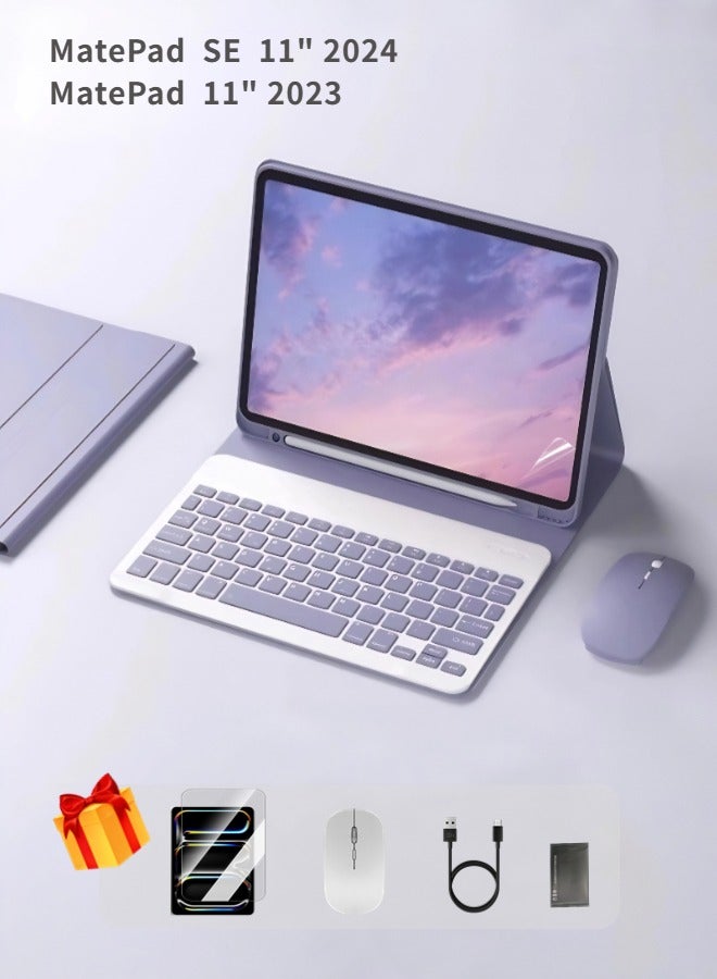 MatePad SE 11 Cover, Tablet 11 Inch  Bluetooth Keyboard Case, Detachable Wireless Keyboard With Pen Holder Ultra-Thin Leather Smart Case With Mouse+ Free Anti-Glare Screen Protector-Anti-Drop And Sandstorm Proof- Purple - Image 1
