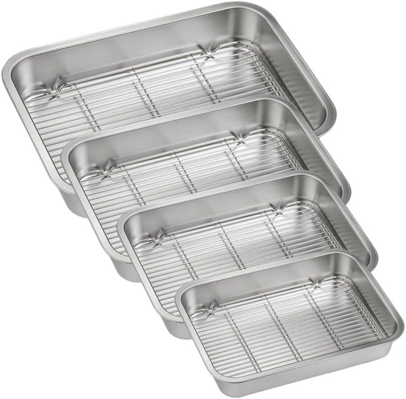Stainless Steel Baking Pan Tray Set with Cooling Rack for Baking Roasting BBQ Cookies Vegetables Cakes Dishwasher Safe Oven Safe Rust-Resistant Mirror Finish Suitable Size for Kitchen Use(23x17x5cm) - Image 4