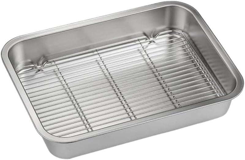 Stainless Steel Baking Pan Tray Set with Cooling Rack for Baking Roasting BBQ Cookies Vegetables Cakes Dishwasher Safe Oven Safe Rust-Resistant Mirror Finish Suitable Size for Kitchen Use(23x17x5cm) - Image 2