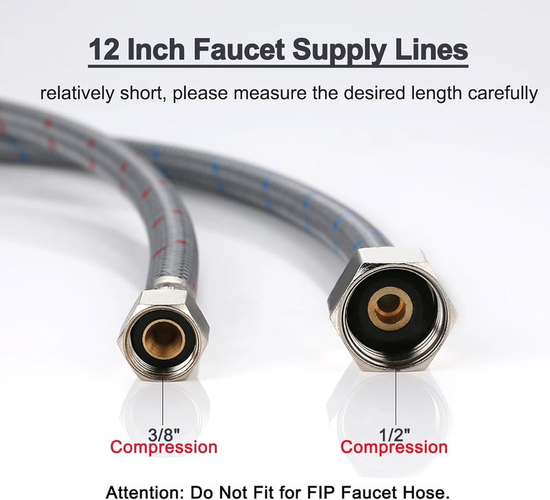 Arcora Faucet Supply Lines, 12" Length Bathroom Kitchen Faucet Connector Braided Nylon Water Supply Line 3/8" Comp x 1/2" Comp 2Pcs (1 Pair) - Image 2
