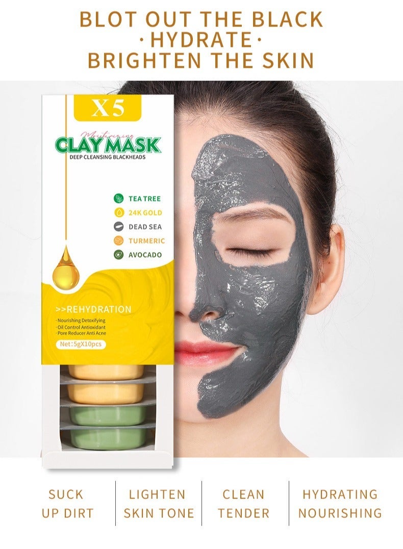 X5 Clay Mask - Deep Cleansing and Hydrating, with Avocado, Dead Sea Minerals, Green Tea, Turmeric and 24K Gold Extract, Suitable for All Skin Types (5g * 10) - Image 4