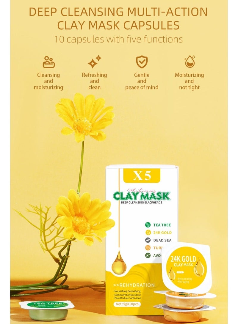 X5 Clay Mask - Deep Cleansing and Hydrating, with Avocado, Dead Sea Minerals, Green Tea, Turmeric and 24K Gold Extract, Suitable for All Skin Types (5g * 10) - Image 3