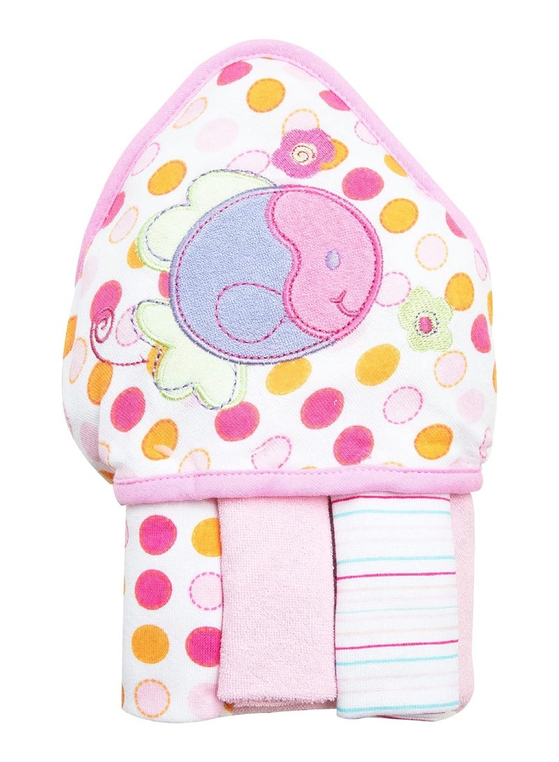 Spasilk Bath 1 Hooded Terry Towel & 3 Washcloths Set For Babies, One Size, Pink Fish - Image 1
