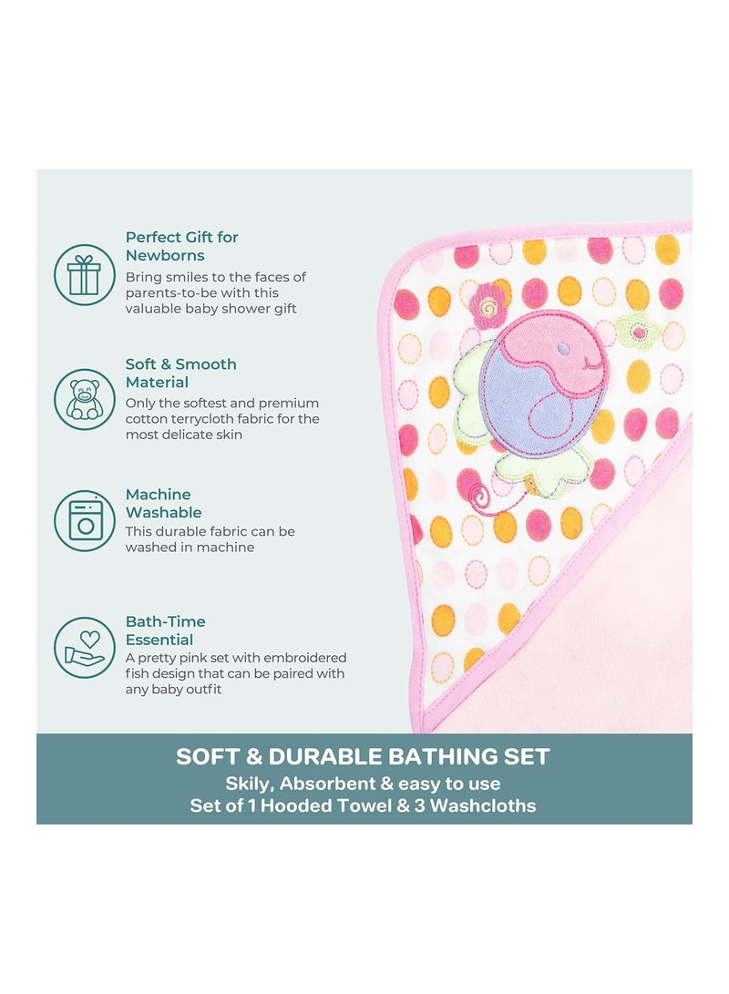 Spasilk Bath 1 Hooded Terry Towel & 3 Washcloths Set For Babies, One Size, Pink Fish - Image 4