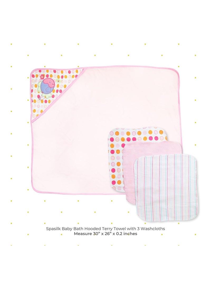 Spasilk Bath 1 Hooded Terry Towel & 3 Washcloths Set For Babies, One Size, Pink Fish - Image 2