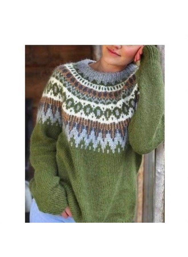 general Womens Fall Vintage Fair Isle Sweater Casual Loose Long Sleeve Crewneck Knitted Pullover Sweater Tops - Image 1