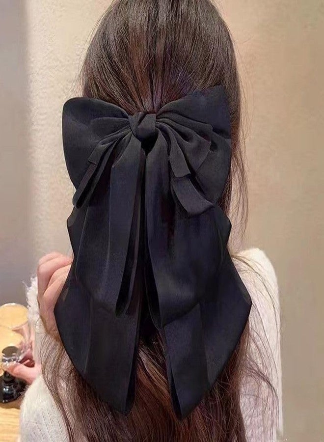هانسامو مشابك شعر على شكل فيونكة للنساء، مشابك شعر على شكل فيونكة شريطية على الطراز الفرنسي مع ذيل طويل للنساء والفتيات، إكسسوارات تزيين شعر ذيل الحصان (أسود) - Image 3
