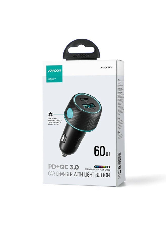 جوي روم JOYROOM JR-CCN01 60W USB+USB-C / Type-C شاحن سيارة متعدد الألوان مع زر الضوء - Image 3