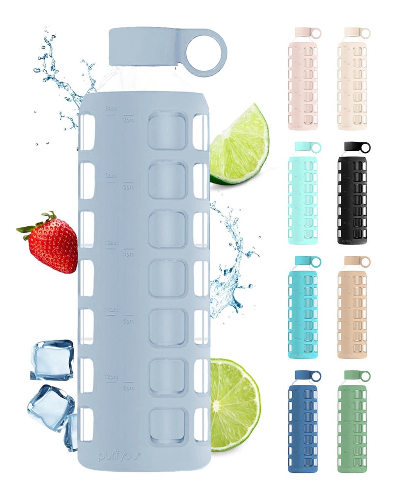 purifyou 40322212 oz Borosilicate Glass Water Bottles with Volume Markers Silicone Sleeve Stainless Steel Lid Reusable Bottle for Water Juice Gym and Fridge Storage 32oz Ice Blue