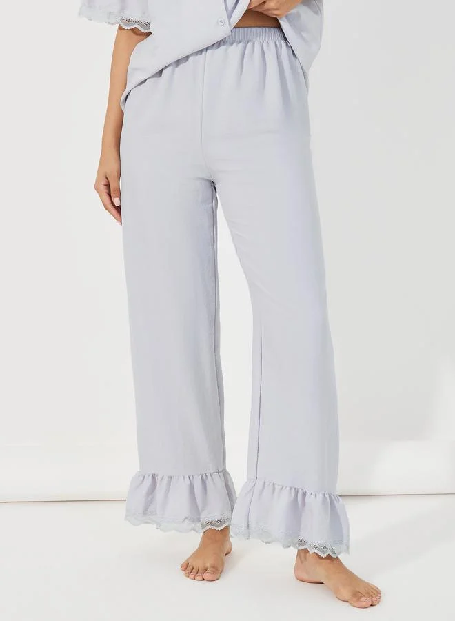 Styli Textured Ruffled Hem Lace Detail Shirt & Pyjama Set