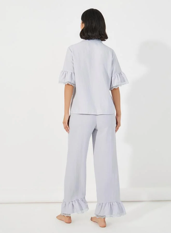 Styli Textured Ruffled Hem Lace Detail Shirt & Pyjama Set