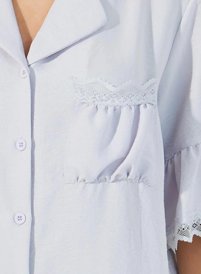 Styli Textured Ruffled Hem Lace Detail Shirt & Pyjama Set