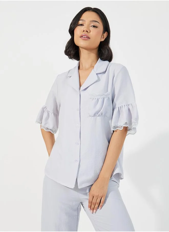 Styli Textured Ruffled Hem Lace Detail Shirt & Pyjama Set