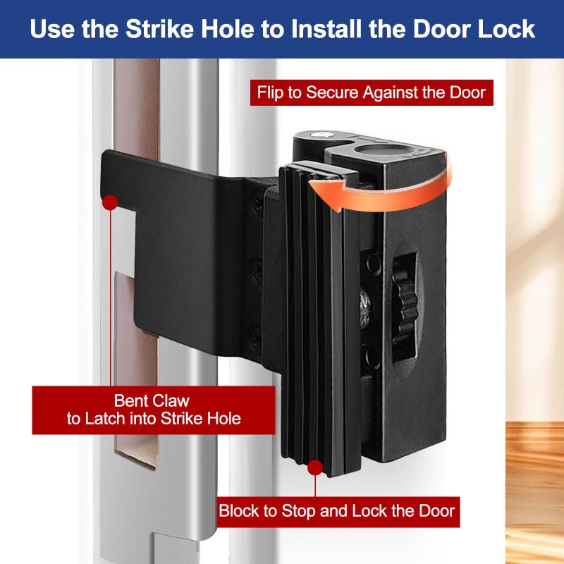 MOSECYOU Portable Door Reinforcement Lock, Adjustable Design, Home/Hotel Security Extra Lock, Apartment Bedroom No Drill Flip Lock, Travel Safety Device(Black, 1 Pack) - Image 2