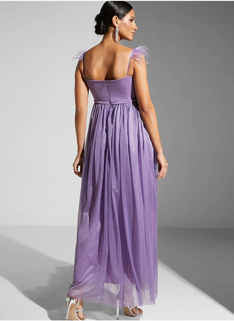 Namshi x Feather Strap Sweetheart Neckline Gown