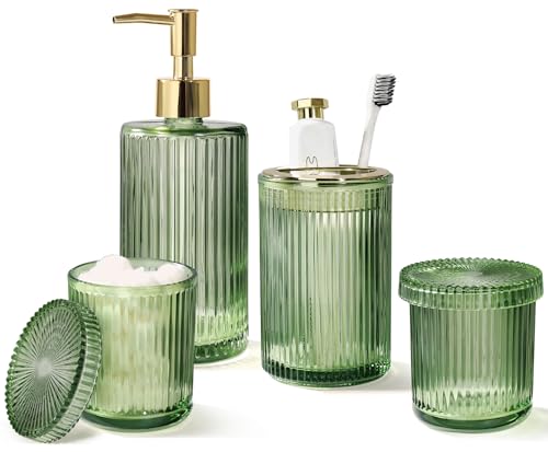 Kasunting Green Glass Bathroom Accessories 4 Pcs, Green Bathroom Set, Soap Dispenser and Toothbrush Holder Set, Qtip Holder Set, Vintage Bathroom Sink Set, Cute Bathroom Decor - Image 1