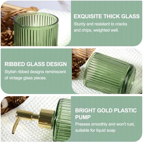 Kasunting Green Glass Bathroom Accessories 4 Pcs, Green Bathroom Set, Soap Dispenser and Toothbrush Holder Set, Qtip Holder Set, Vintage Bathroom Sink Set, Cute Bathroom Decor - Image 4