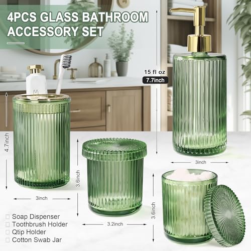 Kasunting Green Glass Bathroom Accessories 4 Pcs, Green Bathroom Set, Soap Dispenser and Toothbrush Holder Set, Qtip Holder Set, Vintage Bathroom Sink Set, Cute Bathroom Decor - Image 2