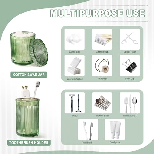 Kasunting Green Glass Bathroom Accessories 4 Pcs, Green Bathroom Set, Soap Dispenser and Toothbrush Holder Set, Qtip Holder Set, Vintage Bathroom Sink Set, Cute Bathroom Decor - Image 5