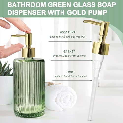Kasunting Green Glass Bathroom Accessories 4 Pcs, Green Bathroom Set, Soap Dispenser and Toothbrush Holder Set, Qtip Holder Set, Vintage Bathroom Sink Set, Cute Bathroom Decor - Image 3