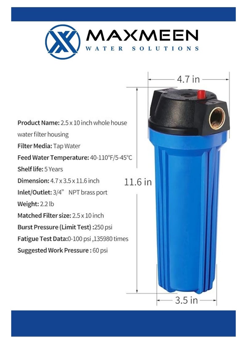 ماكسمين حاوية فلتر مياه منزلي كامل 10 بوصة – هيكل أزرق من Maxmeen Water + حامل + مفتاح - Image 2