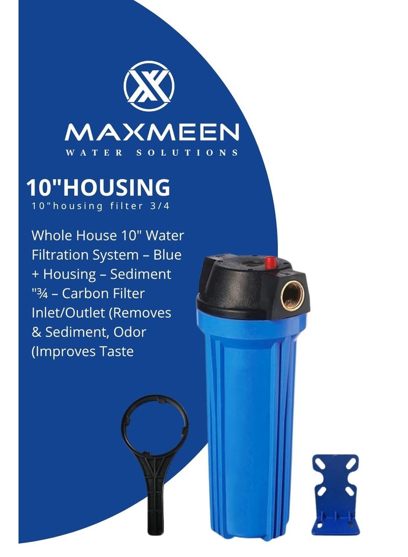 ماكسمين حاوية فلتر مياه منزلي كامل 10 بوصة – هيكل أزرق من Maxmeen Water + حامل + مفتاح - Image 1