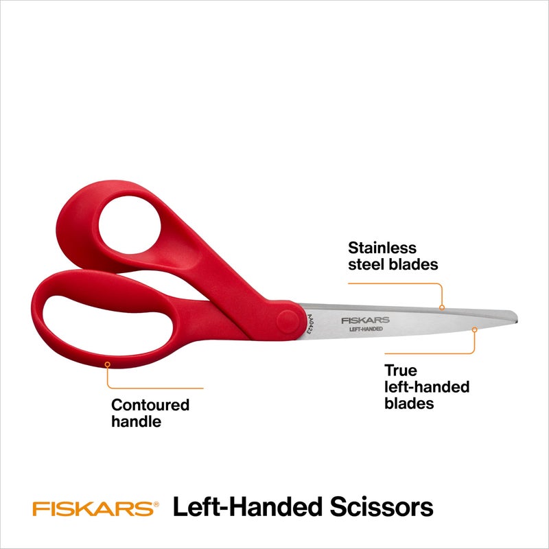Fiskars Left-Handed Scissors, Precision Cutting for Craft Fabric Paper, Ergonomic Comfort Grip, Stainless Steel, 8", Red - Image 2