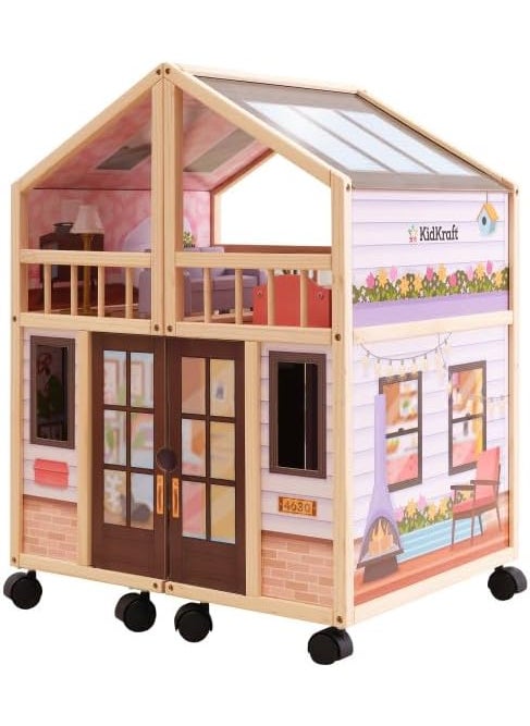 KidKraft So Darling Wooden Dollhouse on Wheels Open  Close with 29 Accessories  - Image 2