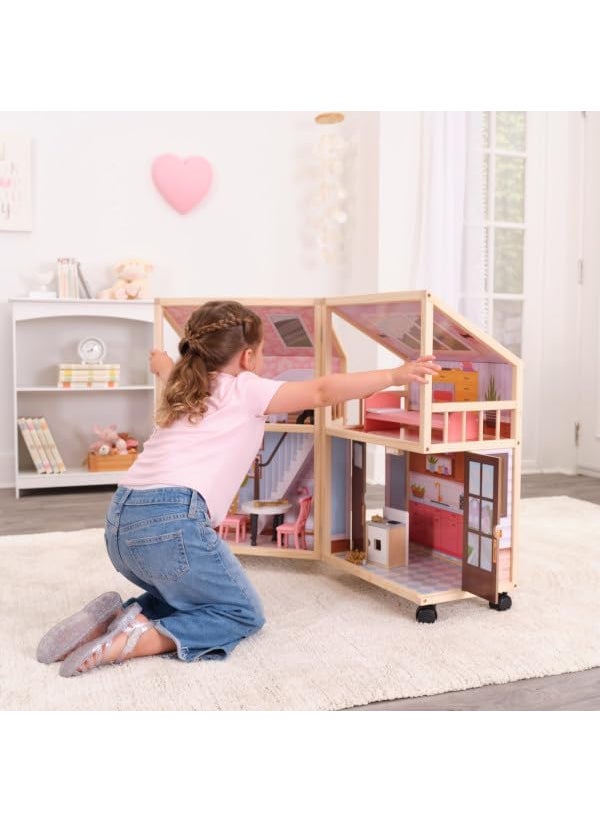 KidKraft So Darling Wooden Dollhouse on Wheels Open  Close with 29 Accessories  - Image 5