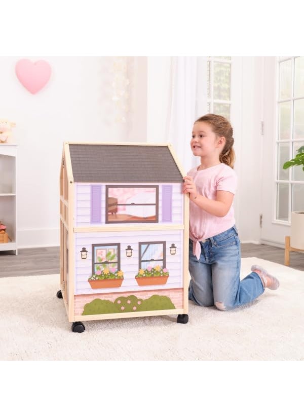 KidKraft So Darling Wooden Dollhouse on Wheels Open  Close with 29 Accessories  - Image 3