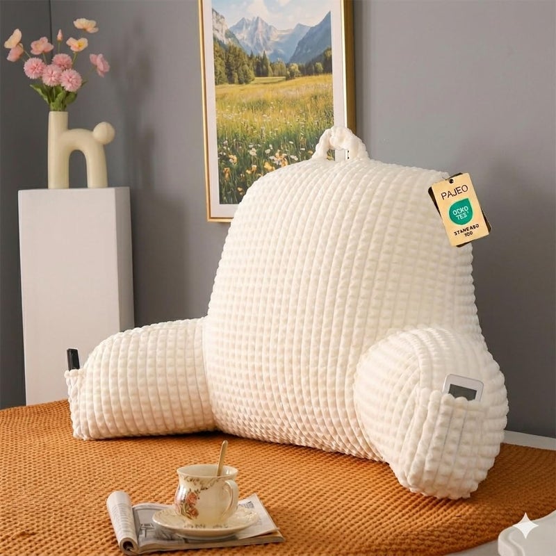 PAJEO Reading Pillow for Bed,Large Backrest Reading Pillow with Arm Rest,Back Rest Support Cushion for Sit Up on Couch,Sofa,and Floor(White Flannel,Standard(17inch)) - Image 1
