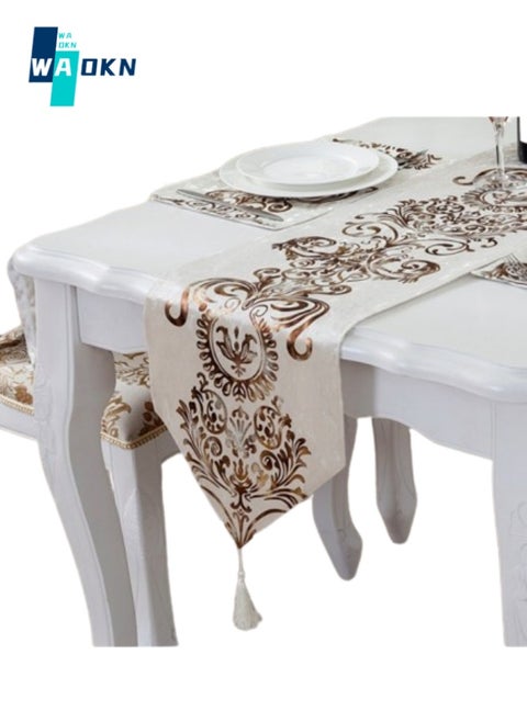 Classic European Faux Buckskin Velvet Table Runner, Fashion Print Coffee Tablecloth, Table Decoration for Home Shower Birthday (32x210 cm)