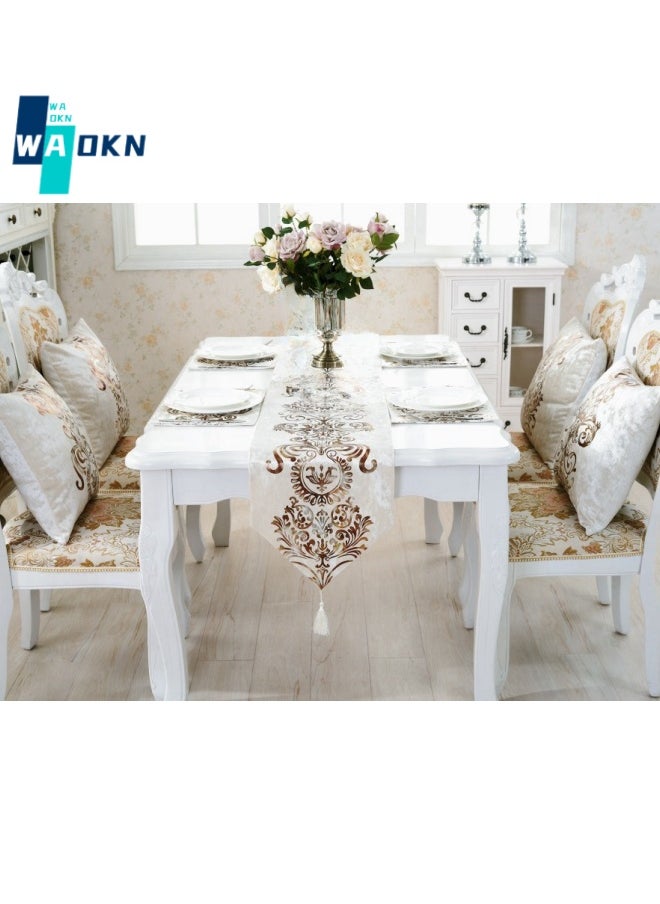 WAOKN Classic European Faux Buckskin Velvet Table Runner, Fashion Print Coffee Tablecloth, Table Decoration for Home Shower Birthday (32x210 cm)  - Image 4