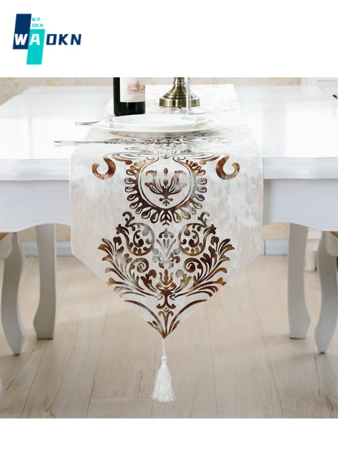 WAOKN Classic European Faux Buckskin Velvet Table Runner, Fashion Print Coffee Tablecloth, Table Decoration for Home Shower Birthday (32x210 cm)  - Image 2