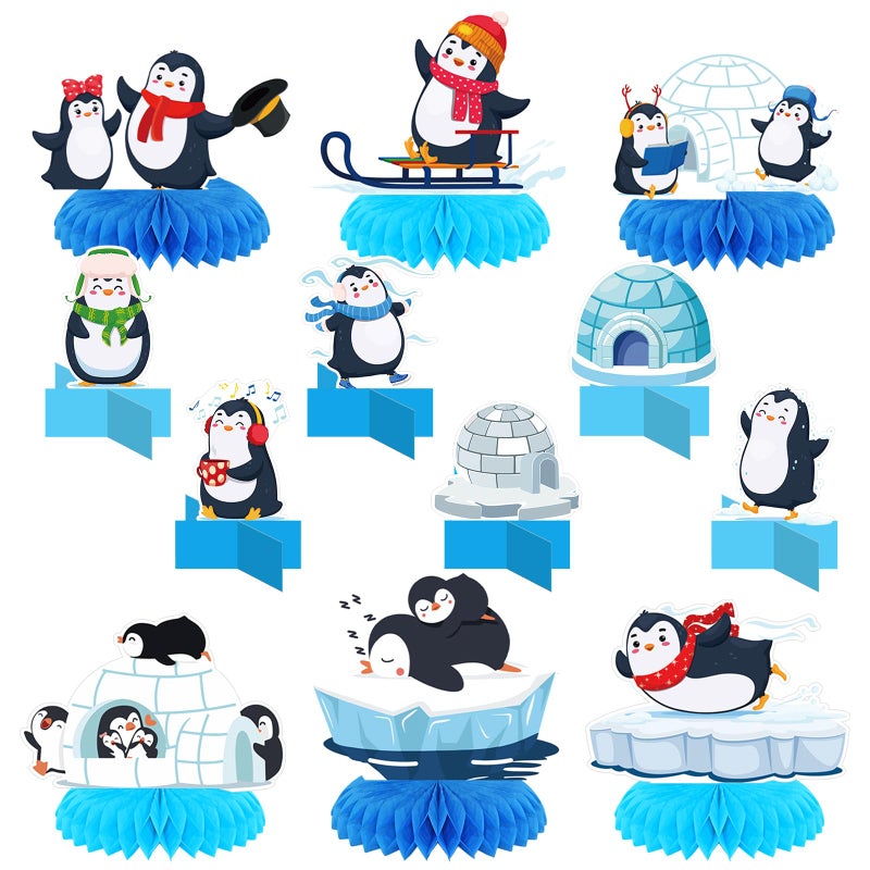 MiniInflat 12 Pcs Penguin Birthday Party Decoration Arctic Animals Honeycomb Centerpieces Winter Polar Bear Table Topper for Baby Baptism Birthday Party DecorationsPenguin - Image 3