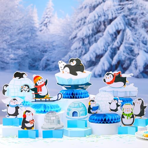 MiniInflat 12 Pcs Penguin Birthday Party Decoration Arctic Animals Honeycomb Centerpieces Winter Polar Bear Table Topper for Baby Baptism Birthday Party DecorationsPenguin - Image 5