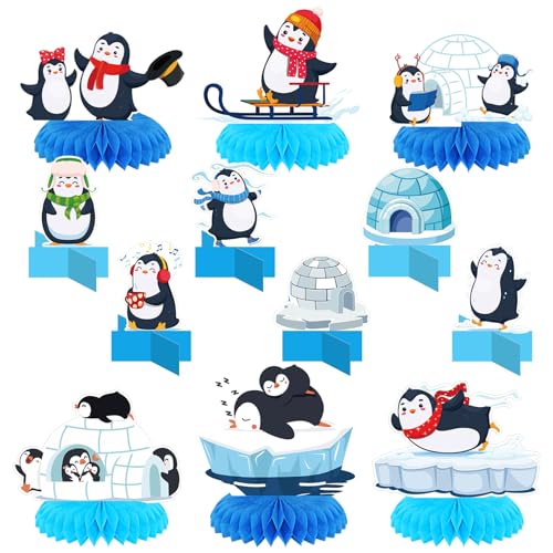 MiniInflat 12 Pcs Penguin Birthday Party Decoration Arctic Animals Honeycomb Centerpieces Winter Polar Bear Table Topper for Baby Baptism Birthday Party DecorationsPenguin - Image 1
