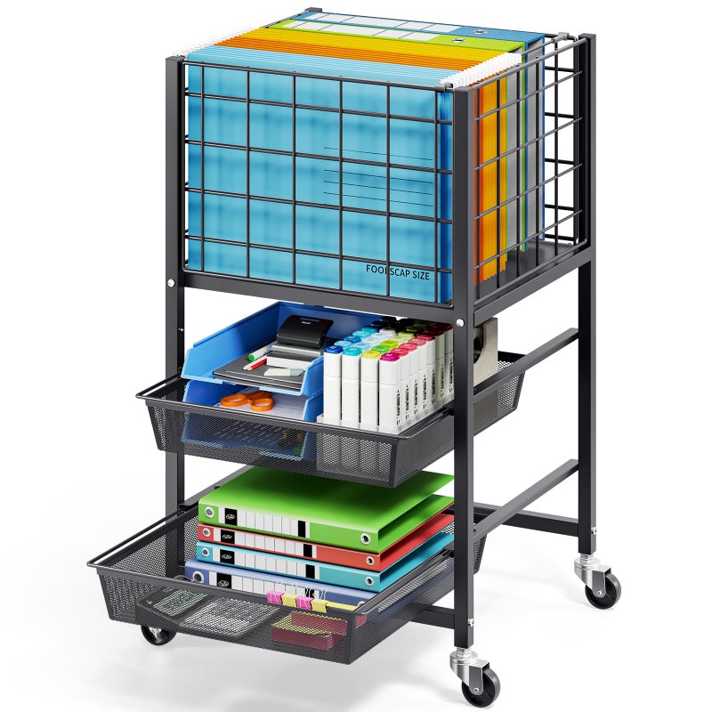 TOOLF 3-Tier Rolling File Cart, Metal Storage Drawer Cart with 2 Sliding File Trays, Adjustable Rod for Hanging Various File Sizes, File Organizer Cabinet on Wheels, for Office, Home, Classroom, Black - Image 1