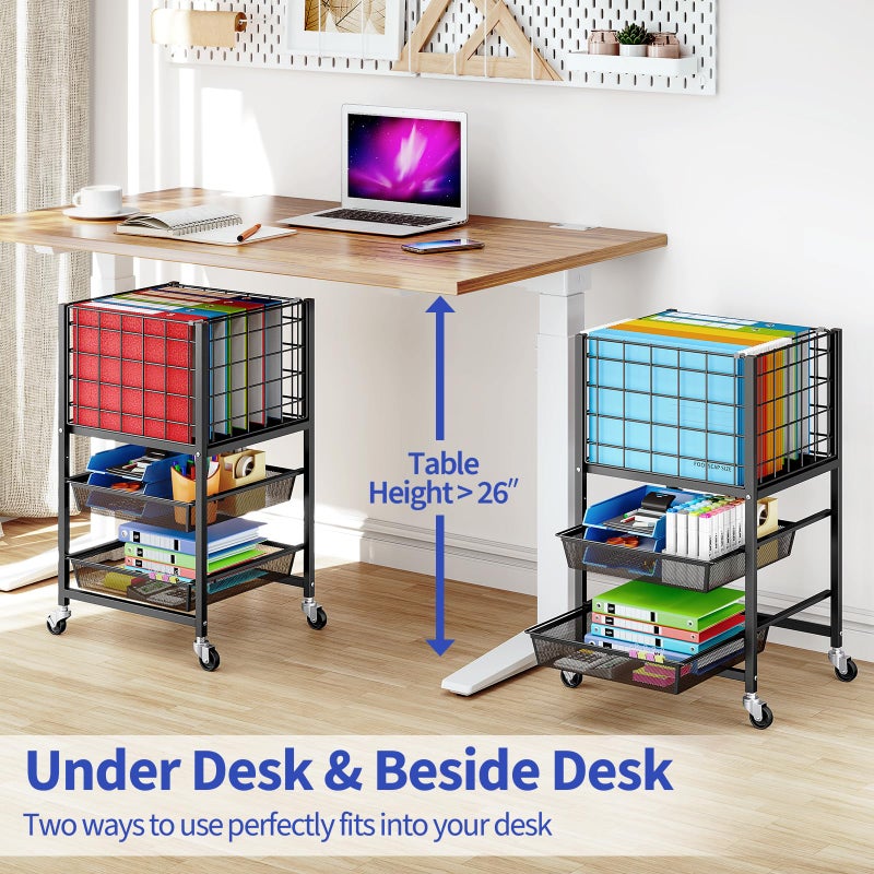 TOOLF 3-Tier Rolling File Cart, Metal Storage Drawer Cart with 2 Sliding File Trays, Adjustable Rod for Hanging Various File Sizes, File Organizer Cabinet on Wheels, for Office, Home, Classroom, Black - Image 3