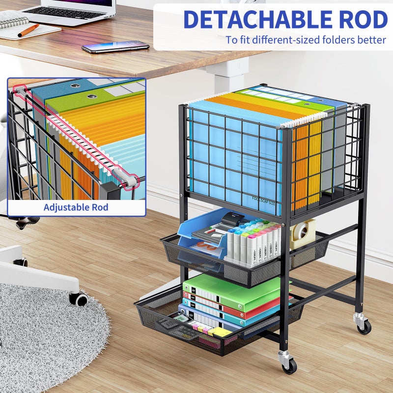 TOOLF 3-Tier Rolling File Cart, Metal Storage Drawer Cart with 2 Sliding File Trays, Adjustable Rod for Hanging Various File Sizes, File Organizer Cabinet on Wheels, for Office, Home, Classroom, Black - Image 2